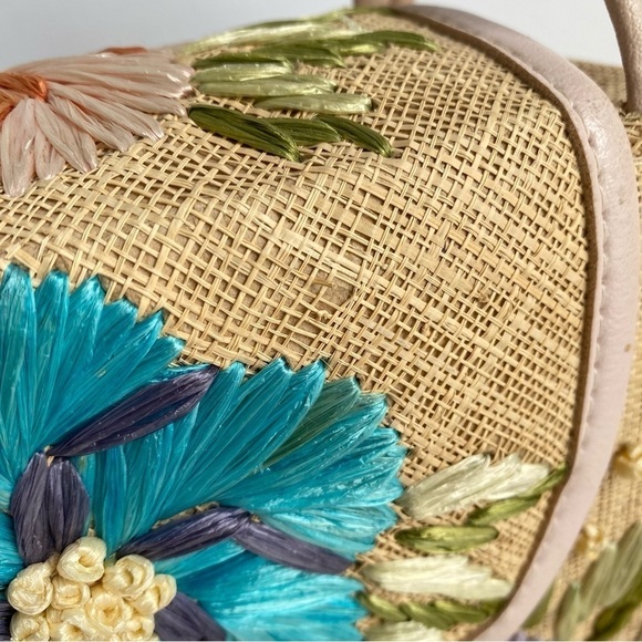 Vintage 50s 60s Straw Raffia Purse Floral Top Handle Bag Summer Beach Handbag - Picture 3 of 11